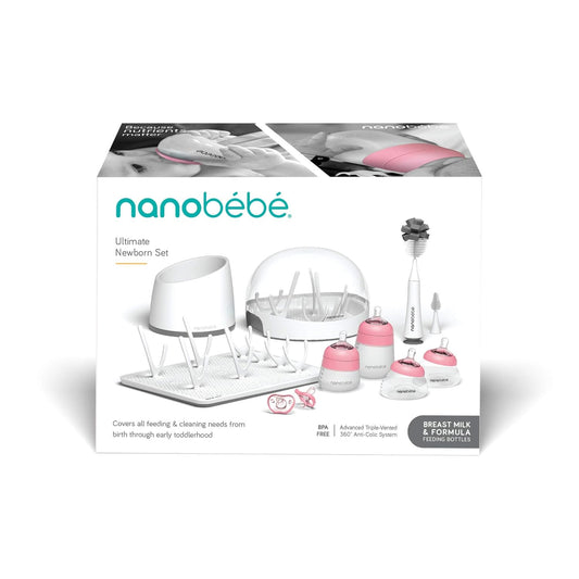 Nanobebe Breastmilk and Silicone Baby Bottle Ultimate Set Gen 2, 5oz and 9oz - with Sterilizer, Drying Rack, Anti-Colic Nipples, Pacifiers, and Warmer - Teal/Grey
