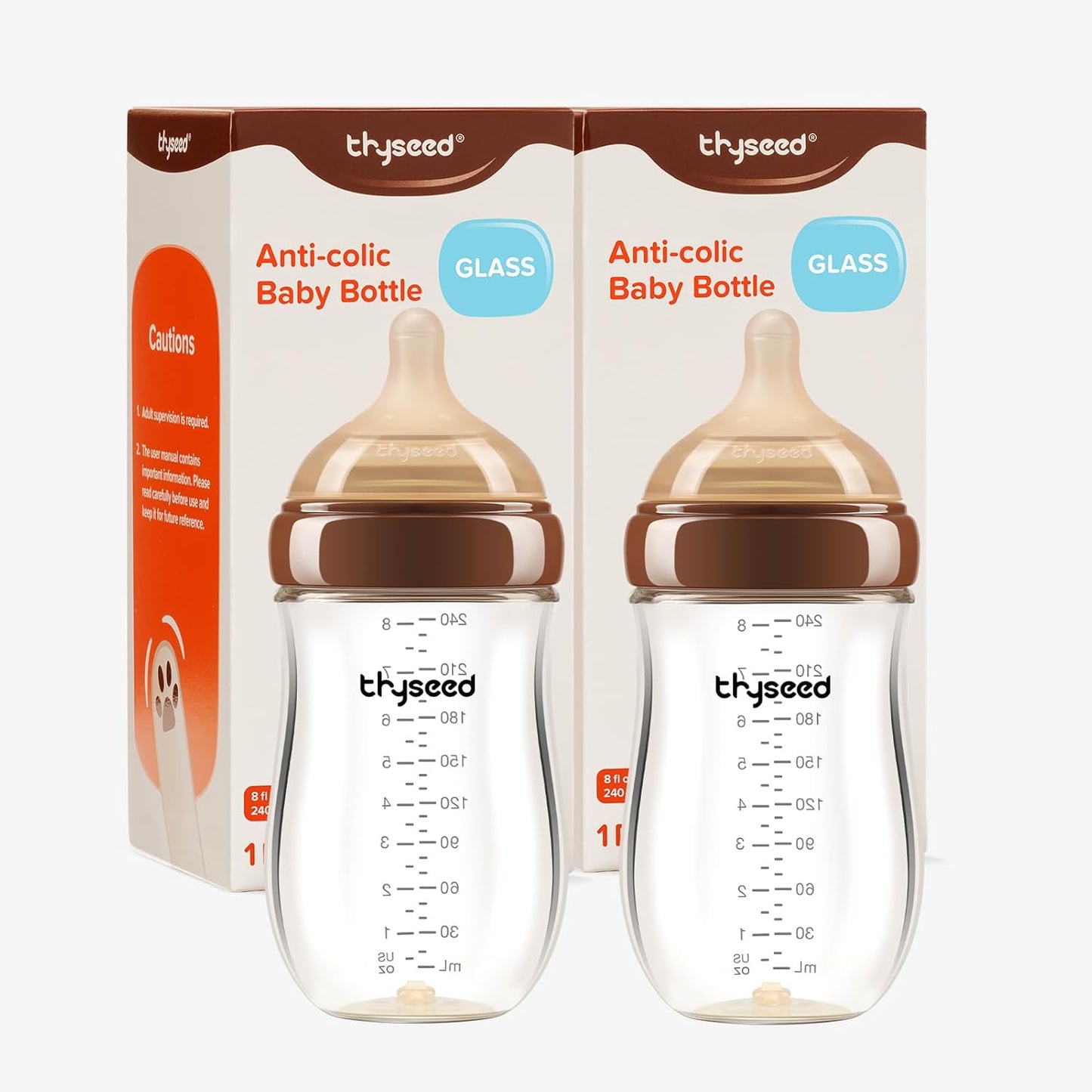 Thyseed Anti-Colic Glass Baby Bottle for Breastfed Infants, Natural Feeding, Breast-Like Newborn Extra Slow Flow Nipple (0m+), 5 oz, 2 Pack