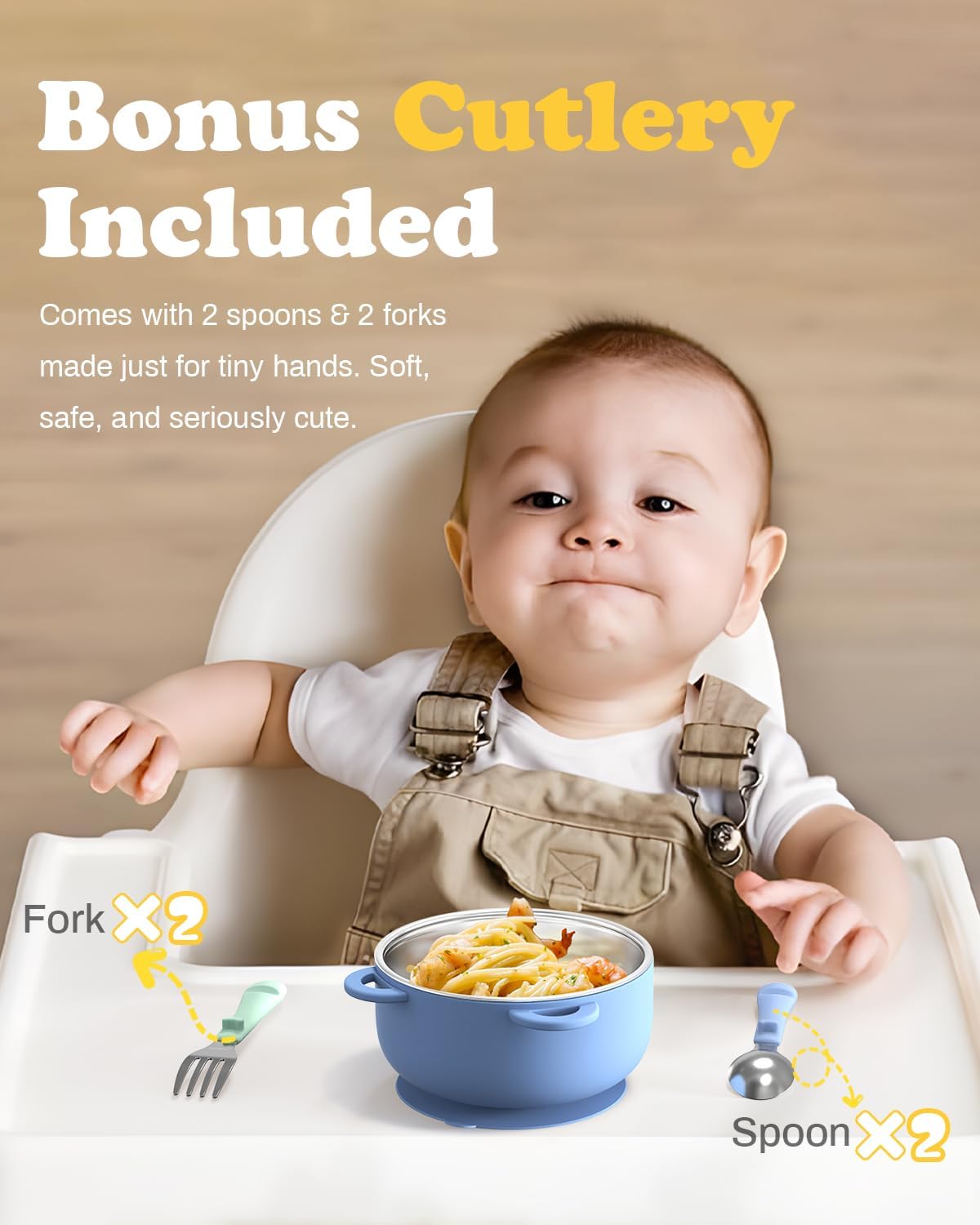 Bakpoco Toddler Bowls with suction & Utensils Set, 2-in-1 Stainless Steel 304 Kids Feeding Bowl & Silicone Suction Baby Bowl with Spoons and Forks, First Self-feeding Training Set, Organic Bloom