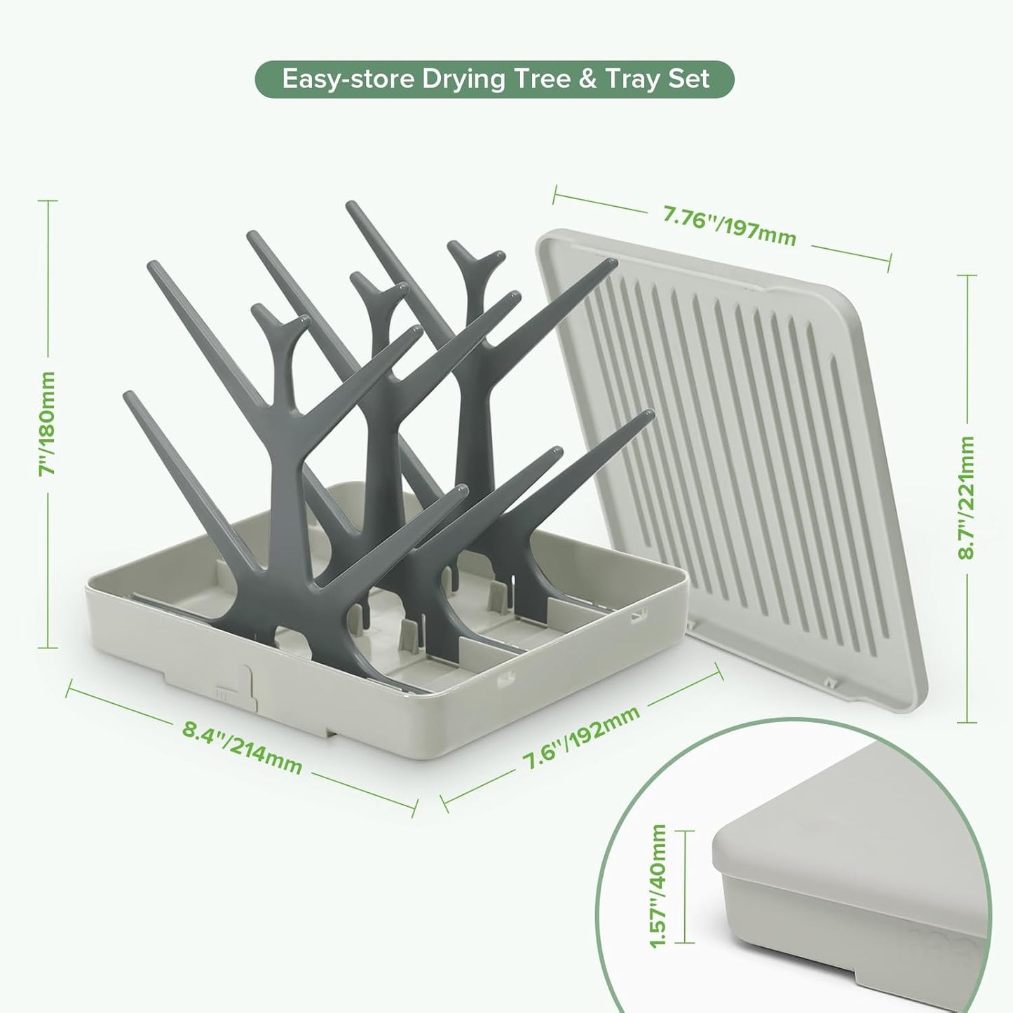 haakaa Portable Baby Bottle Drying Rack with Tray, Space Saving Bottle Drying Tree for Bottles/Pump Parts/Pacifiers,Easy-Store Dryer Rack Great for Home & Travel, BPA Free (Green)