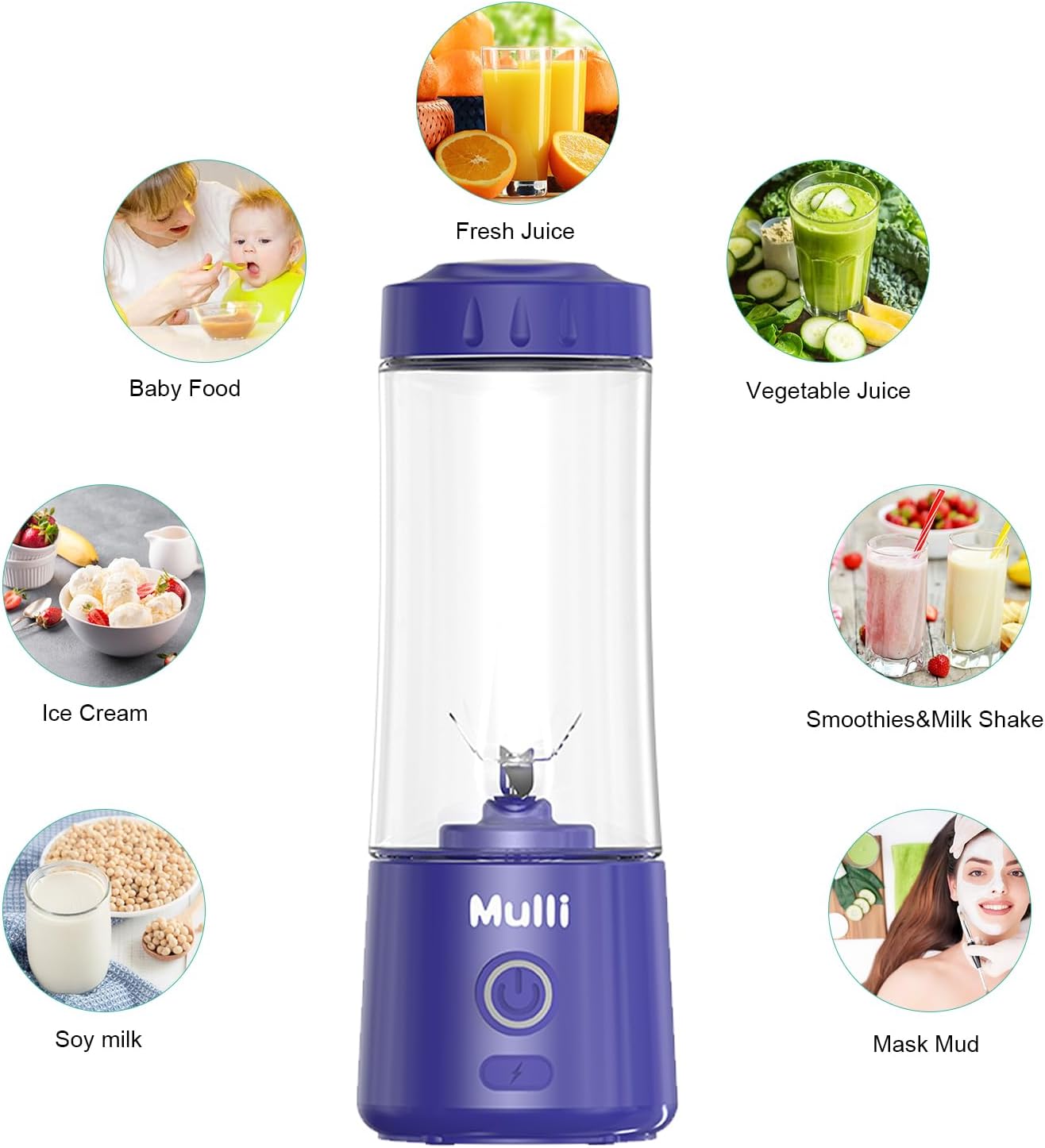 Mulli Portable Blender 14oz-USB Rechargeable Smoothie Maker with 6 Stainless Steel Blades, Personal Mini Blender for Shakes, Baby Food, Travel, Gym & Kitchen, BPA-Free