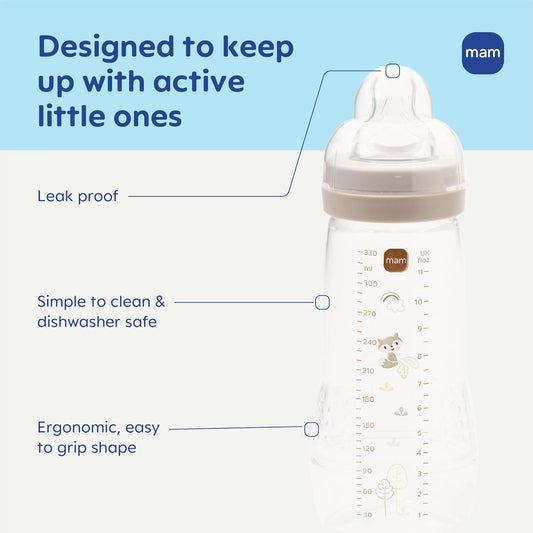 MAM Easy Active Baby Bottle 2 Pack, 11oz, BPA Free, Fast Flow Silicone Nipple, Anti-Slip Grip, Leak-Proof, 4+ Months, Cotton