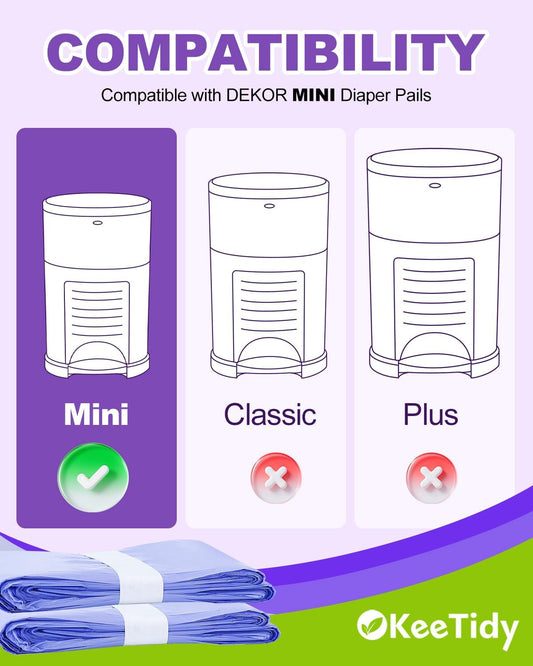 Diaper Pail Refill Bags Compatible with DEKOR MINI Diaper Pails, 20% Extra Length Diaper Bags Disposable with Lavender Flavor, Holds up to 1800 Diapers, 6 Pack