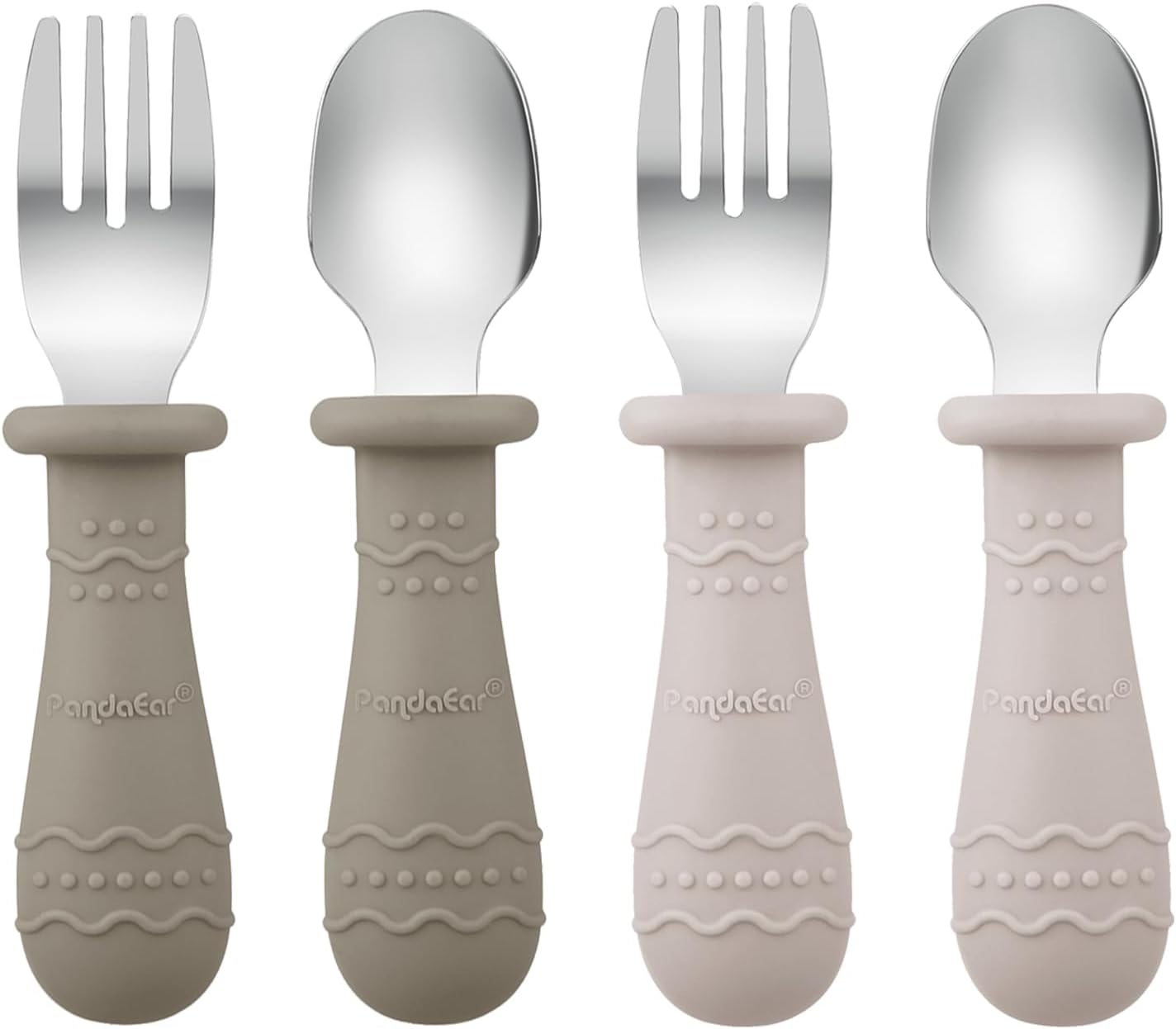 PandaEar Silicone Baby Feeding Set| 2 Pack Silicone Divided Suction Plate and 2 Pack Tiny Cup with 2 Spoons 2 Forks| Baby Led Weaning Supplies Self Feeding Eating Utensils (Light Tan/Walnut)