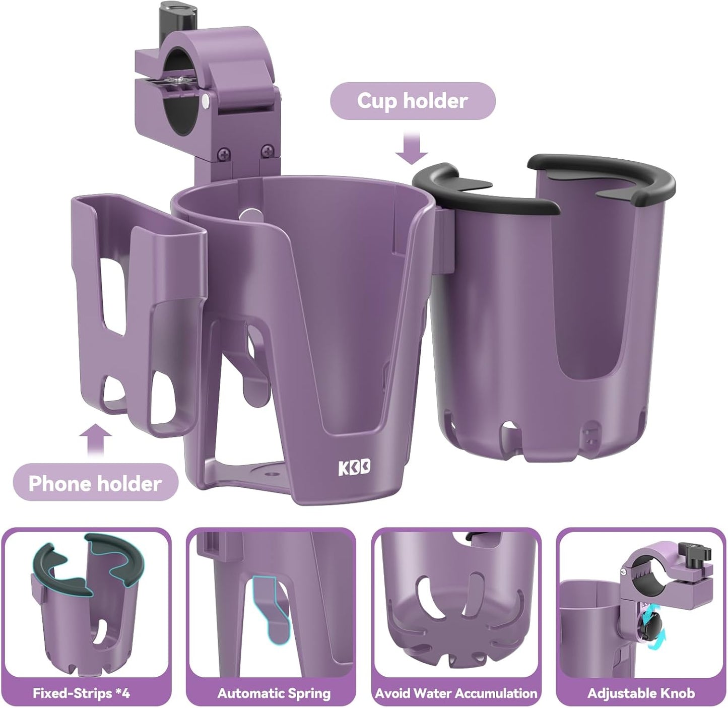 KDD Stroller Cup Holder with Phone Holder, 3-in-1 Removable Bottle Holder, 360 Degrees Rotation Drink Holder for Wheelchair, Stroller, Bike, Walker, Scooter, Bicycle, Uppababy, Bugaboo, Britax