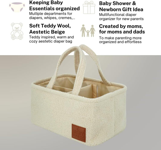 Baby Diaper Caddy Organizer: Soft Beige Teddy Wool - Portable Diaper Caddy, Car Organizer - Newborn Essentials Must Have - Nursery Storage Basket for Baby Essentials. Baby shower & Newborn Gift Idea