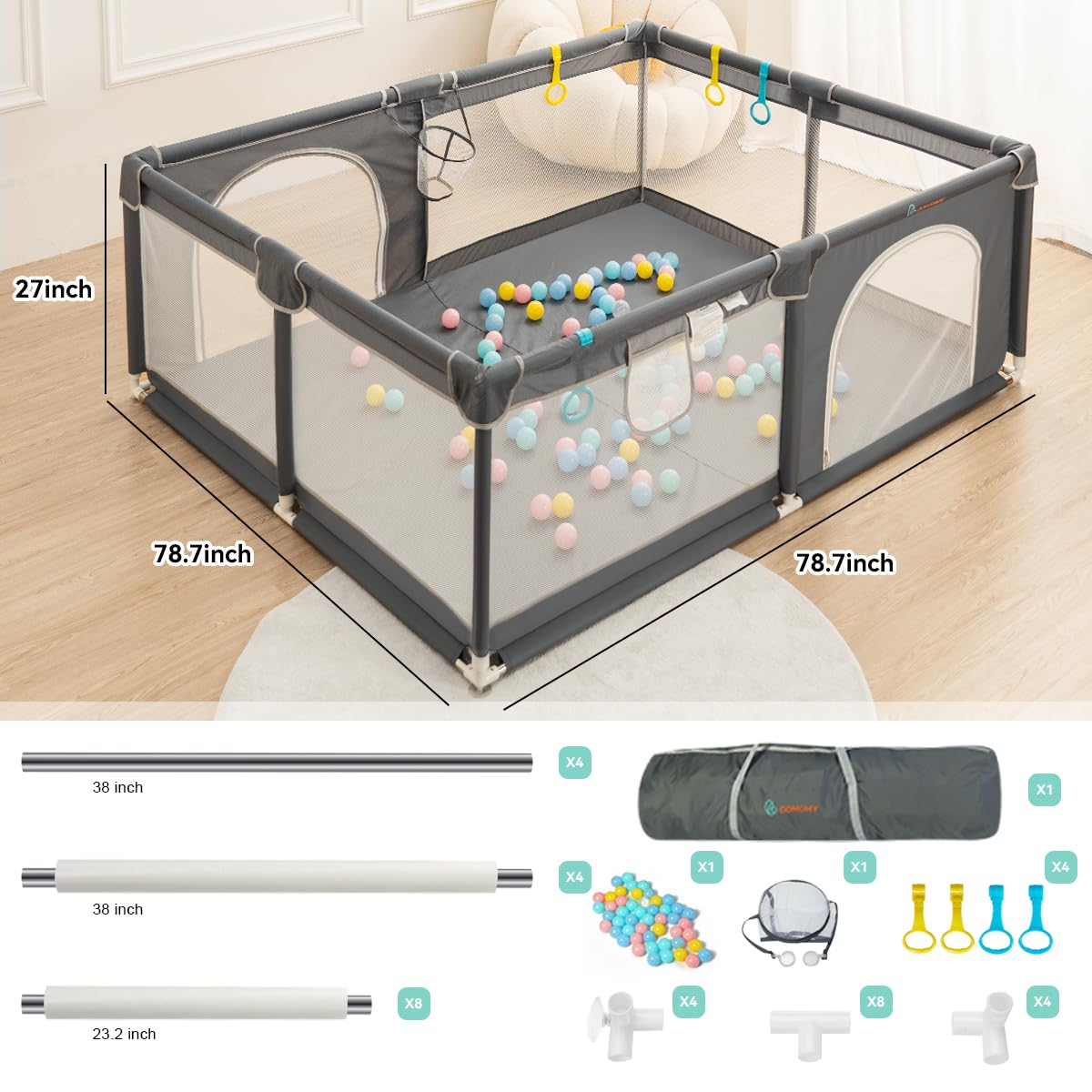 COMOMY Playpens for Babies and Toddlers, Small Baby Play Pens, Activity Center for Safe and Non-Slip Baby Fence, Full Mesh Design, Indoor & Outdoor Kids Activity Center (Dark Grey, 36"x36")