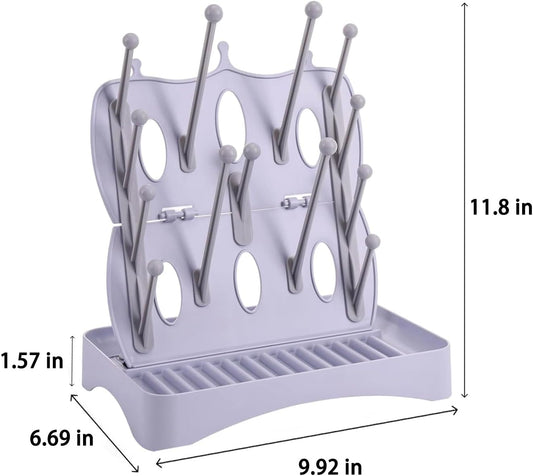 Portable Bottle Drying Rack with Drain Mat, Foldable & Space Saving Drying Rack for Baby Bottles, Pump Parts,Cups,Pacifiers, and Reusable Ziplock Dryer Rack(Grey Drying Rack with Drain Mat)