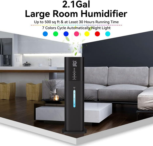 Humidifiers Large Room Bedroom with 7 Colors Light,Honovos 8L 2.1Gal Quiet Ultrasonic Cool Mist Topfill Humidifier with 360° Nozzle 3 Speed Humidistat Essential Oil Tray for Baby Home Plant Yoga Sleep