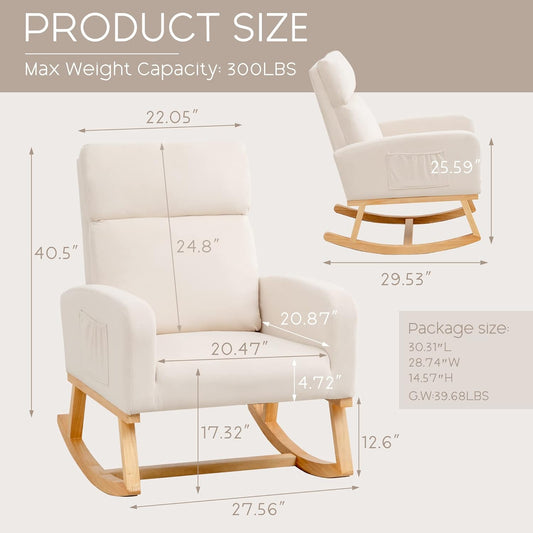 Rocking Chair Nursery - Glider Modern Accent Chairs Upholstered Nursing Rocker Padded Armchair for Indoor Living Room Bedroom Beige