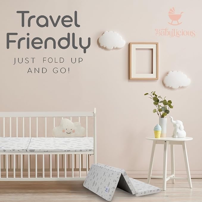 Babylicious Waterproof Pack and Play Mattress Topper | 38" x 26" x 1.5" | Trifold Style - Breathable Soft Plush Foam - Portable Mattress Topper- Baby Foam Mattresses for Babies