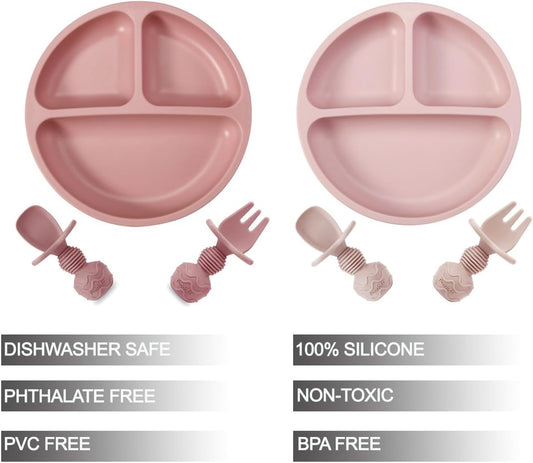 PandaEar 2 Pack Toddler Divided Suction Plates with 2 Spoons 2 Forks for Babies | Silicone Baby Led Weaning Supplies Self Feeding Eating Utensils | BPA-Free Baby Feeding Set - Pink