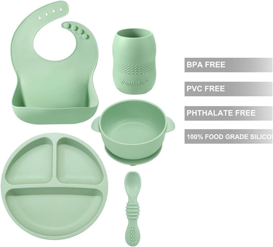 PandaEar Silicone Baby Feeding Set - 6-12 Months | LED Weaning Supplies - Bib + Plate with Suction + Cup + Bowls and Spoon