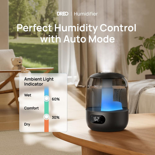 DREO Humidifiers for Bedroom, 3L Top Fill 30H & 26dB Quiet Runtime for Large Room, Cool Mist Ultrasonic Humidifier with Humidity Sensor, Night Light for Home, Baby, Nursery, Plants, New Edition