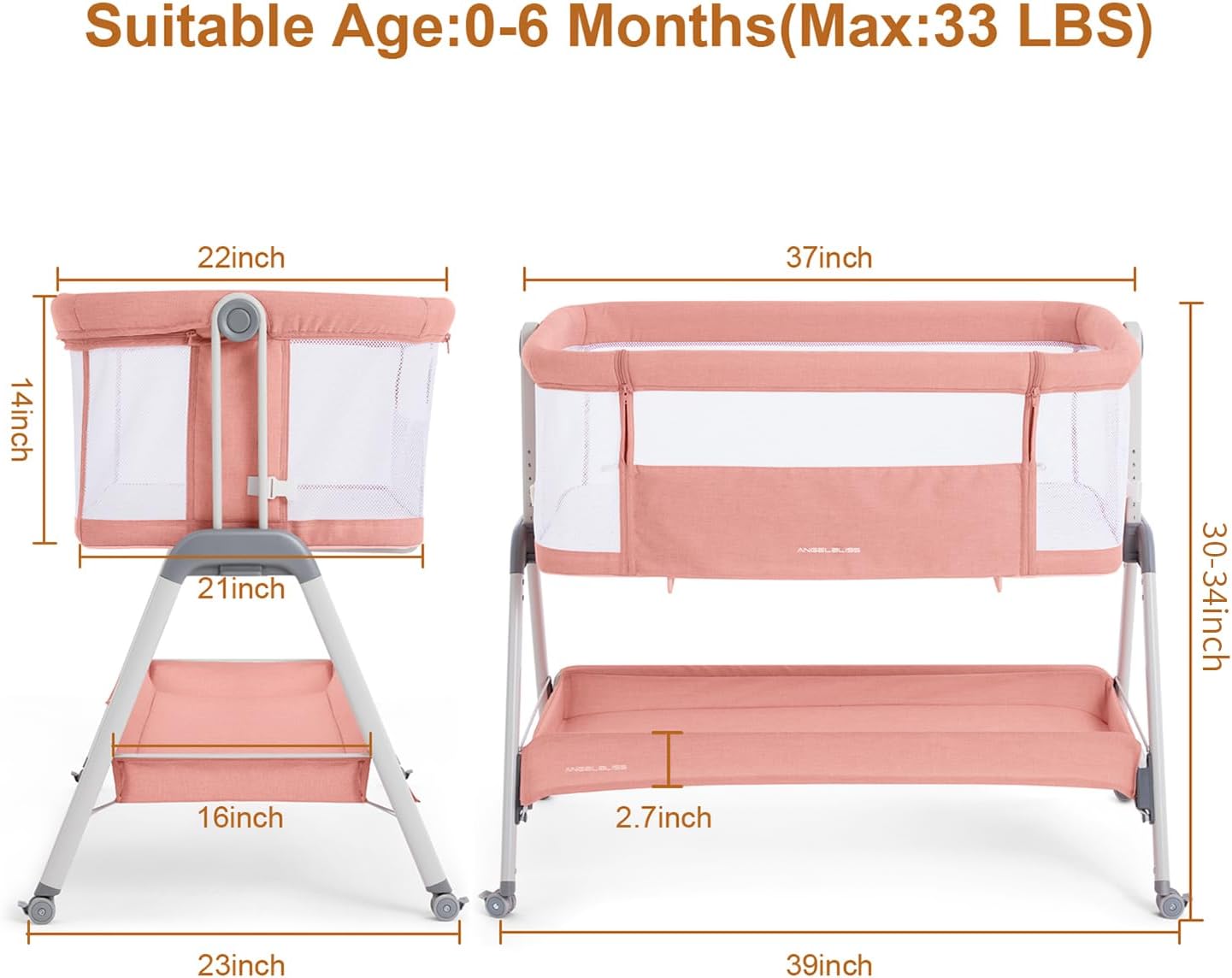 ANGELBLISS Baby Bassinet Bedside Crib with Storage Basket and Wheels, Easy Folding Bed Side Sleeper Adjustable Height Portable Crib for Newborn (Pink)