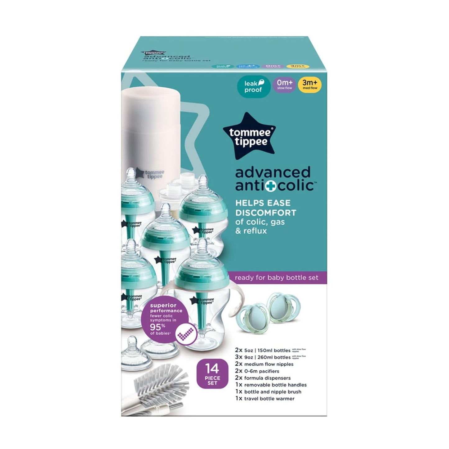 Tommee Tippee Advanced Anti-Colic 12 Piece Set, 5 oz and 9 oz BPA Free Bottles, Newborn 0+ Months, Includes Slow & Medium-Flow Breast-Like Nipples and Bottle Handles and Cleaning Brush