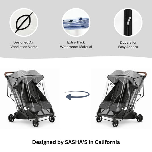 Rain Cover for UPPAbaby Minu Duo by SASHA'S - Ventilation Holes, Zipper Access, Weather Shield, Wind Cover (Stroller Not Included)