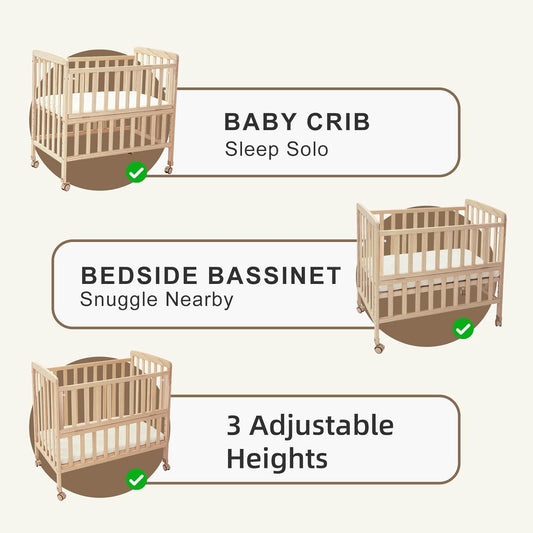 Flwrgirl Baby Bassinets Bedside Sleeper - Portable Pine Wood Bedside Bassinet with Mattress,3 Heights Small Mini Crib,Baby Crib for Newborns,Unpainted | Pine Wood Bassinet, Mattress Included, 3-IN-1 Convertible, Adjustable Height, Locking Wheels, Portalbe