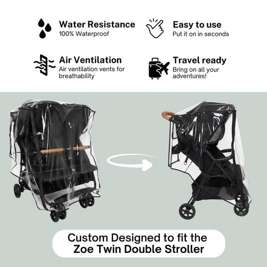 Rain Cover for Zoe Twin Double Stroller by SASHA'S, Zipper Access, Maximum Coverage, Weather Shield (Stroller not Included)