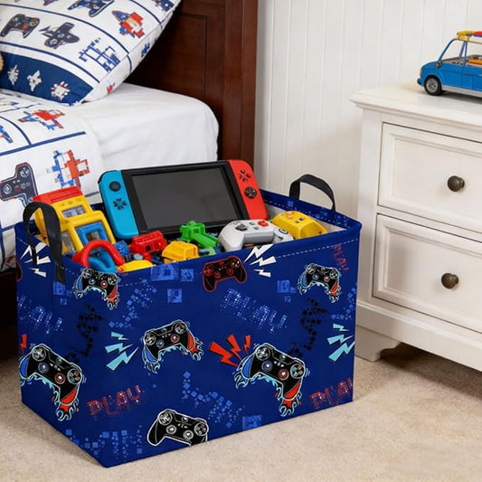 Rectangular Game Basket for Boys,Game Storage Bin,Boy Storage Basket,Collapsible Storage Bin,Gift Organizer, Shelf Baskets,Boy Room Decor(Blue Game)