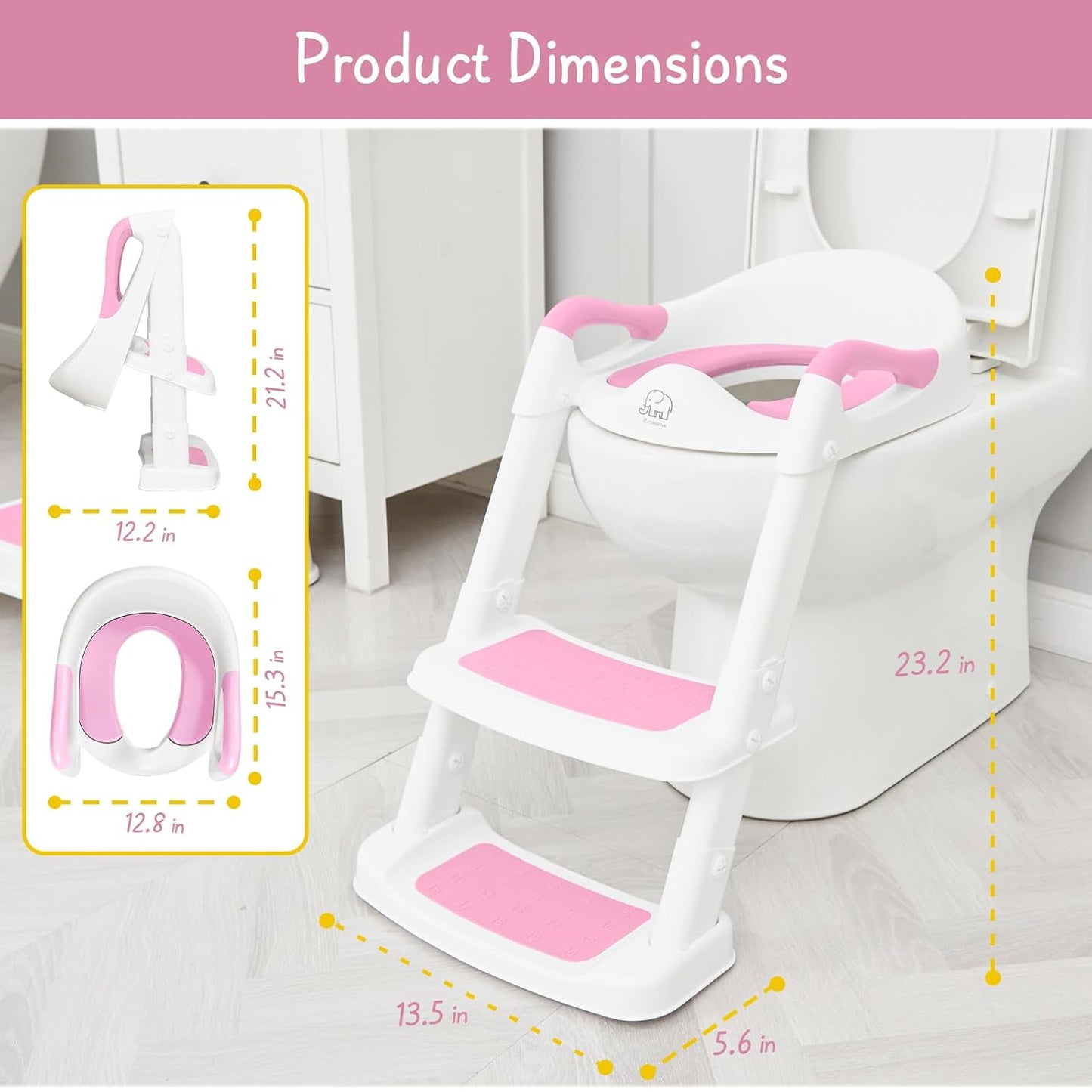 Forbena Potty Training Toilet Seat with Step Stool Ladder, Toddler Kids Potty Seat for Boys Girls, Non Slip Foldable Toilet Training Seat with Soft Cushion, Comfortable Handles (White-Grey)