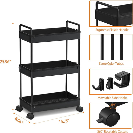 Ronlap 3 Tier Slim Rolling Storage Cart with Wheels Plastic Utility Cart Organizer for Snack Craft Art Postpartum Baby Diaper Nail Makeup in Bathroom Laundry Room Kitchen Bedside Narrow Space, White
