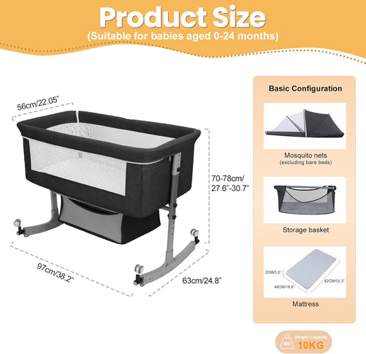 Bedside Bassinet Baby Crib, 3-in-1 Bedside Crib with Storage Basket, 6 Levels Height Adjustable Baby Bassinet with Mosquito Net and Wheels, Portable Newborn Infant Cradle Black