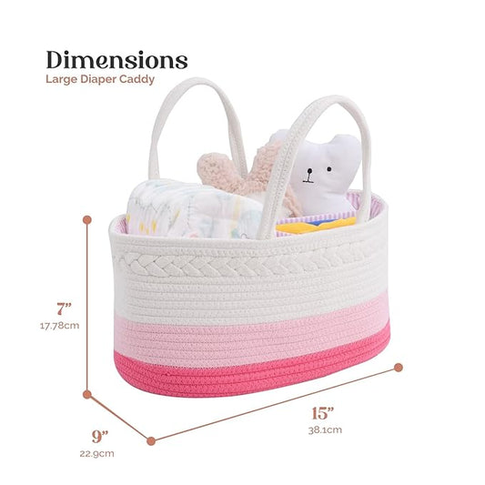 luxury little Diaper Caddy Organizer, Large Cotton Rope Nursery Baby Basket, Changing Table Organizer for Baby Diaper Storage, Portable Car Organizer Removable Divider (Pink, Large)