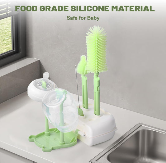 Baby Bottle Cleaner Brush Set Bottle Cleaner Brush Set Portable Bottle Cleaning Kit Set Silicone Brush, Nipple Brush, Straw Brush, Dispense Detergent Dispenser, Drying Rack - 6 in 1
