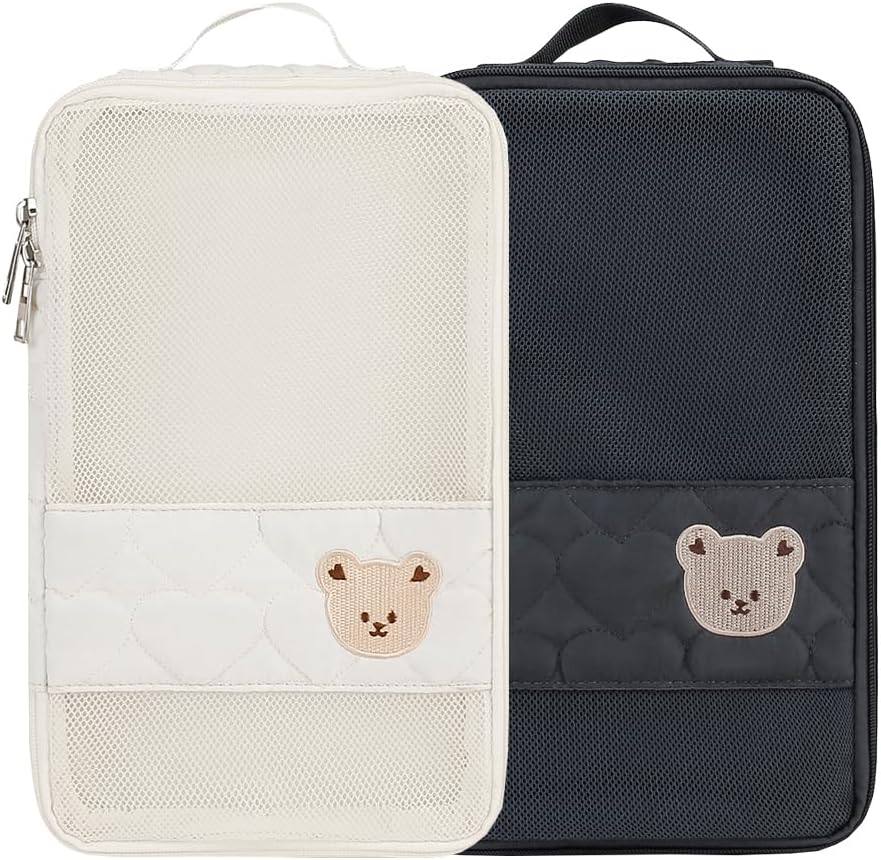 MOMIGO Baby Diaper Bag Organizer Pouches - 2 Pack Waterproof Pod Hanging Diaper Bag Cute Bear Mesh Bag Reusable, Washable or Baby Cloth Diapers