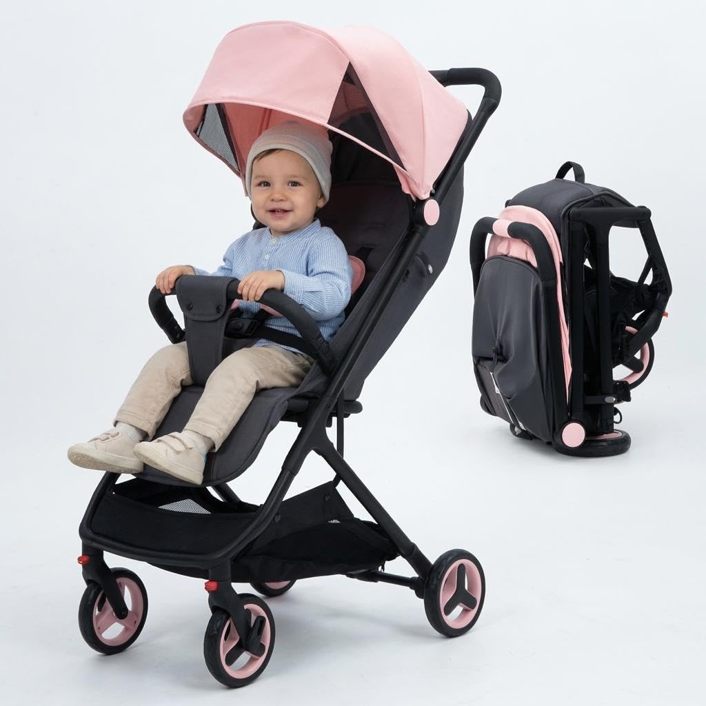 Lightweight Baby Stroller, Compact One-Hand Fold Travel Stroller Airplane Friendly, Reclining Infant Stroller with 5-Point Harness & Adjustable Canopy, All-Terrain Stroller for Toddlers 6-36 Months