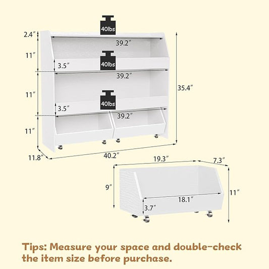 COZPAW Toy Storage Organizer, 3 Tier Montessori Shelf with Movable Bins (White)