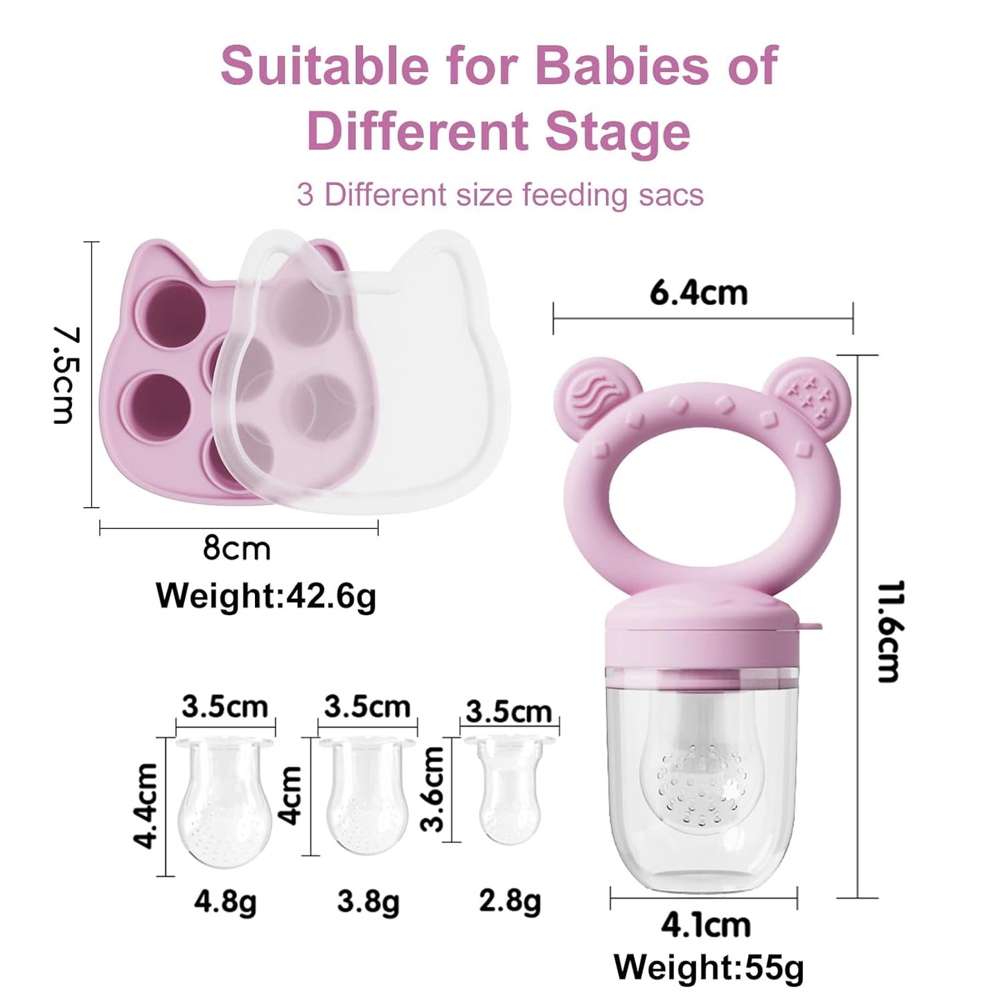 WAJIAYON Baby Breastmilk Popsicle Molds & Baby Fruit Feeder (4 Pack), Infant Food Freezer Tray Storage Containers, Silicone Teething Pacifier Feeder and Teether for Babies,Boys and Girls-Pink&Purple