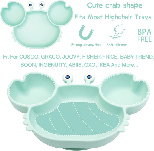 Silicone Suction Plate for Toddlers with Fork Spoon Set - Self Feeding Training Divided Plate Dish and Bowl for Baby and Toddler, Fits for Most Highchairs Trays (Green)