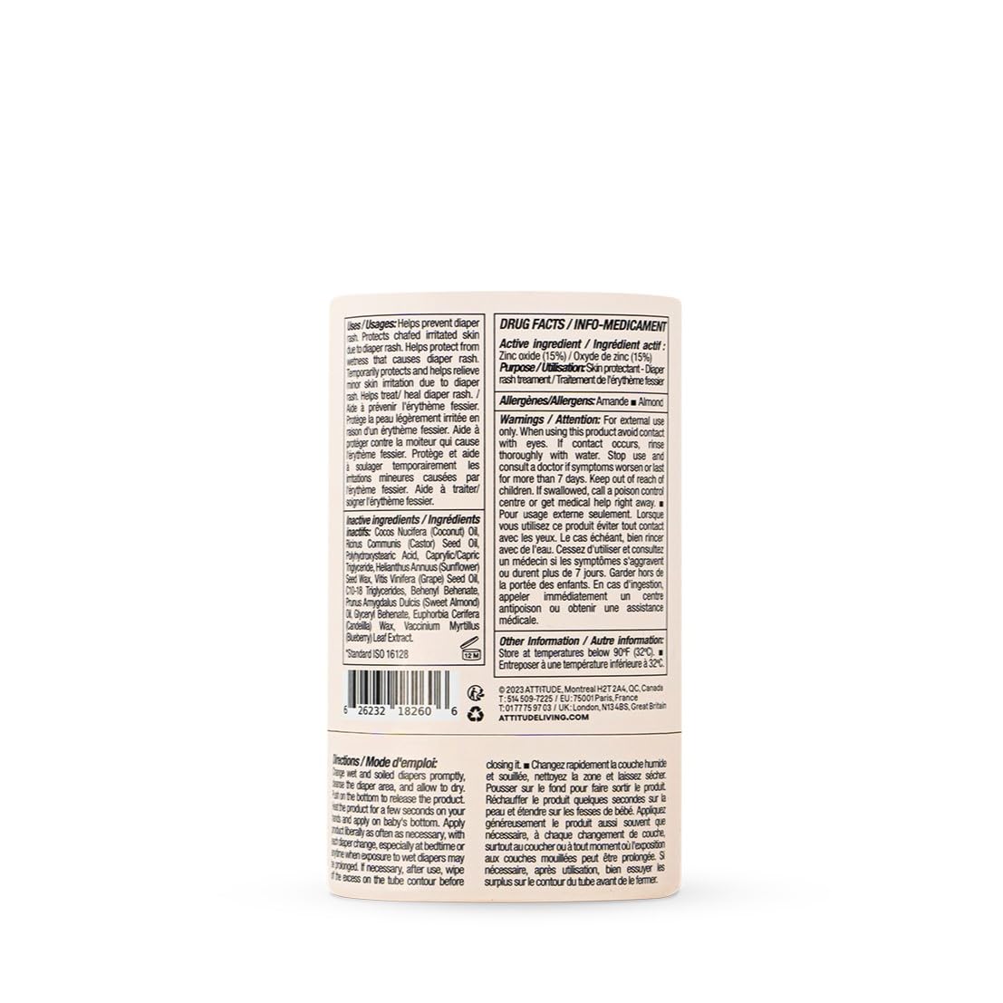 ATTITUDE Plastic-Free Diaper Cream Bar with Zinc for Baby, EWG Verified, Dermatologically Tested, Vegan, Unscented, 1 Ounce