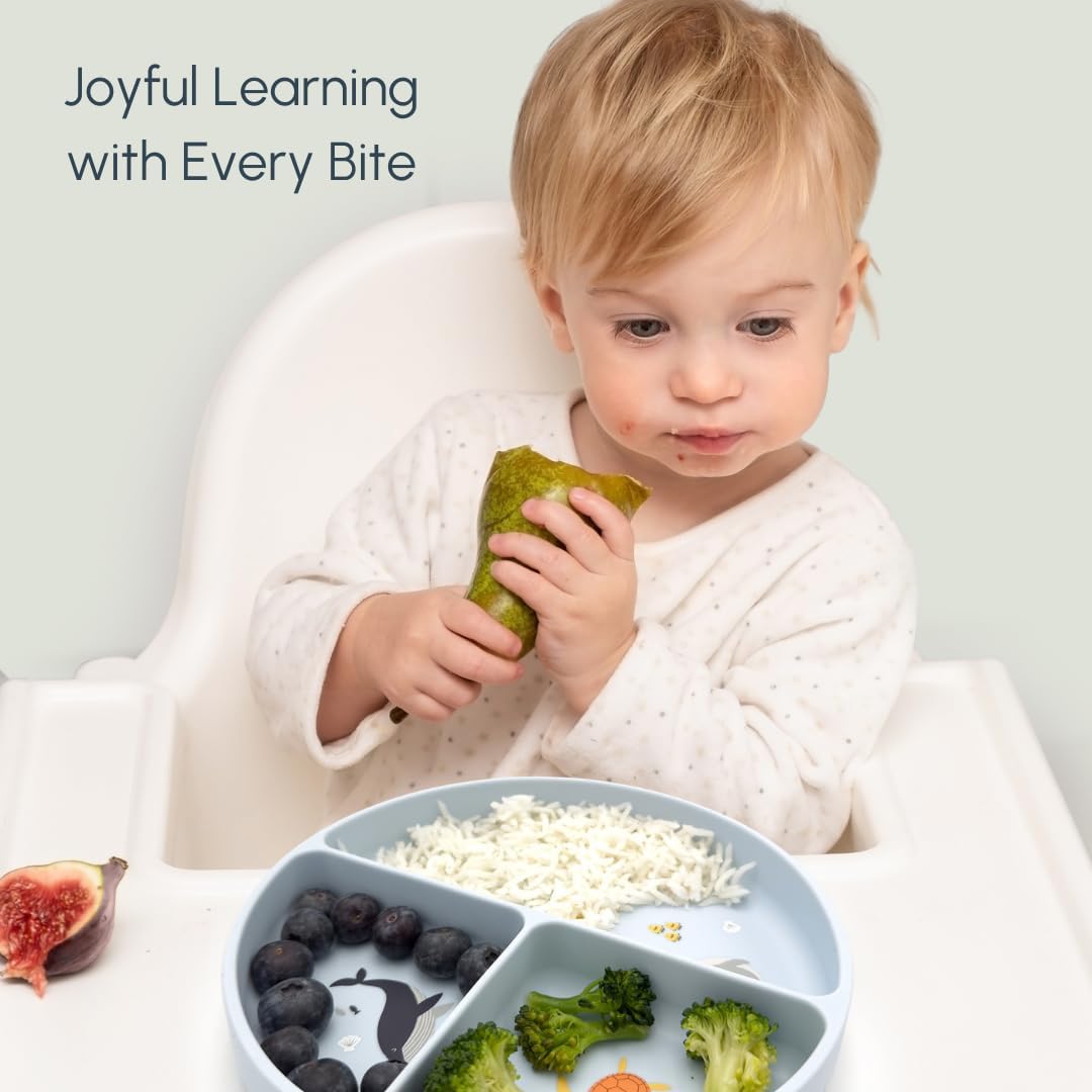 Silicone Suction Plates with Dividers - Grip Plates for Babies 6-12 Months and Toddlers 1-3, Toddler and Baby Dishes, Baby Led Weaning Essentials, Dishwasher Safe (Beige - Dogs and Cats)