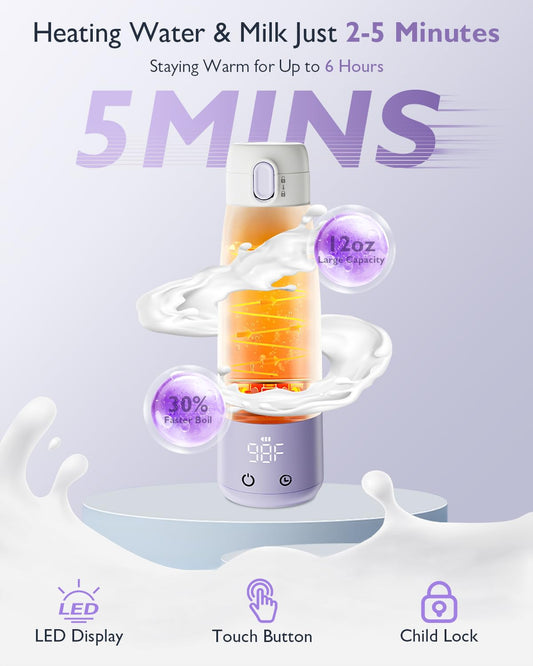 Portable Bottle Warmer for Breastmilk: Baby Milk Warmer with Smart Touch LED Temperature Control | Food-Grade Cordless On the Go Heating Bottle - 5 Mins Quick Milk Heating & Water 12 Ounces