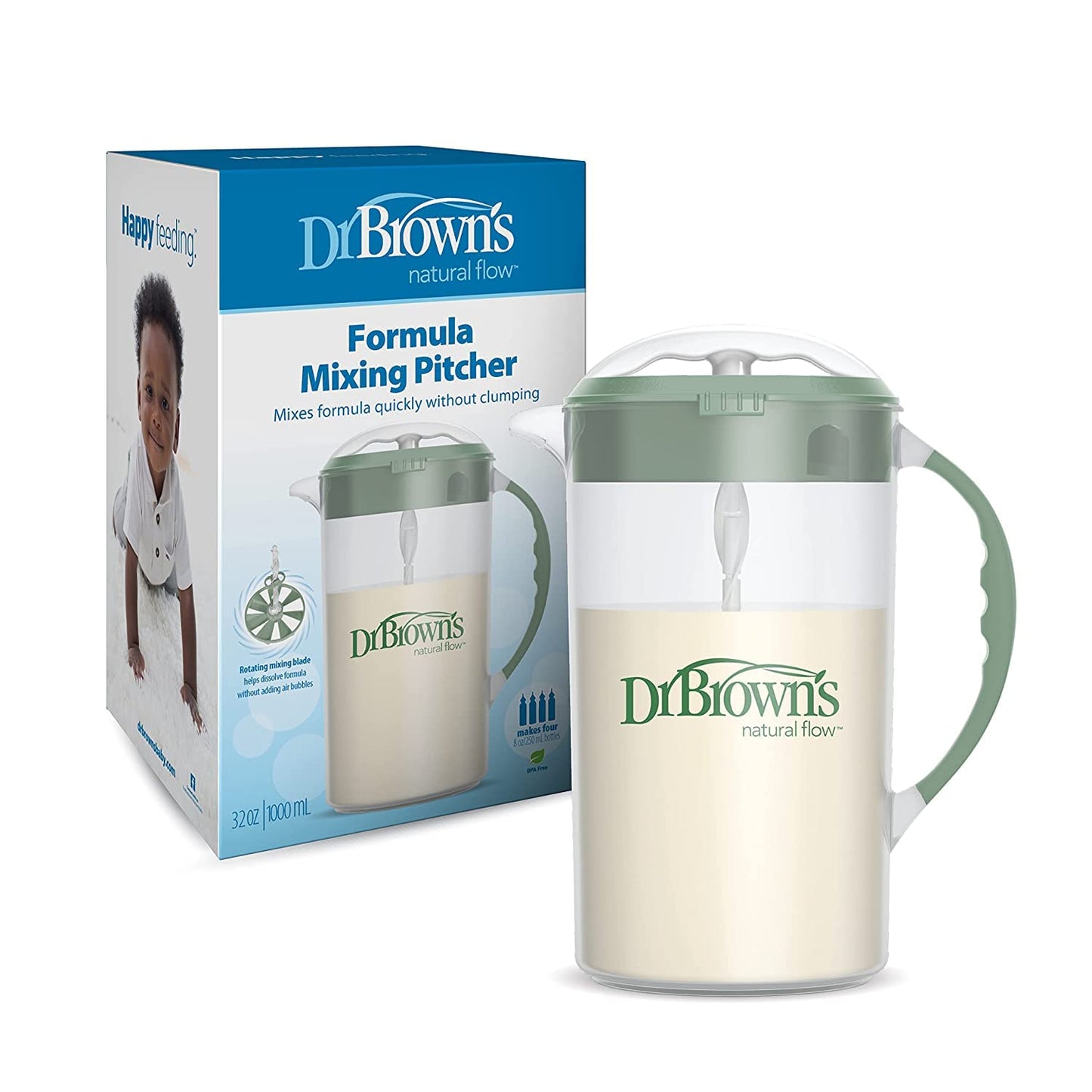 Dr. Brown's Baby Formula Mixing Pitcher 36 oz, Olive with Anti-Colic Options+ Narrow Baby Bottles, 4 Pack, 8 oz