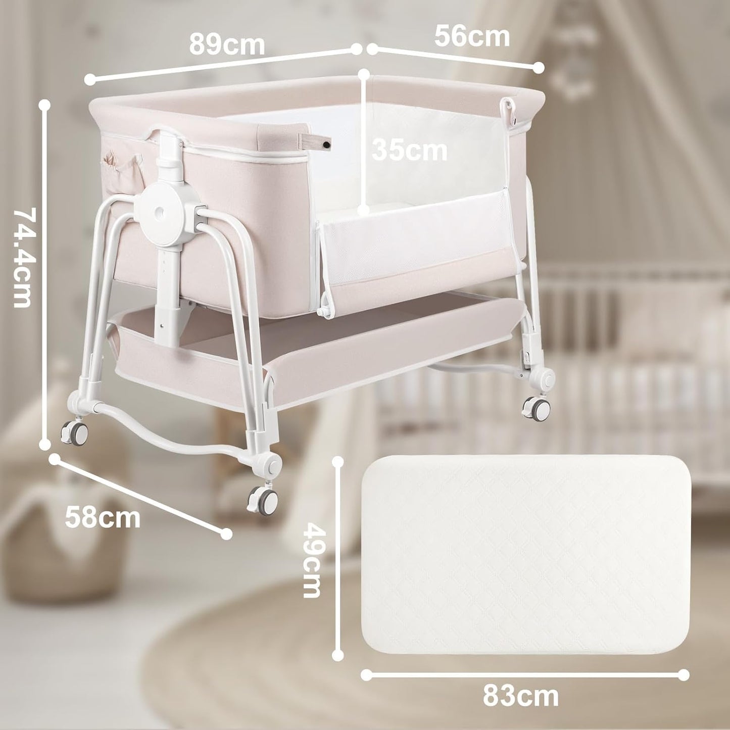 suihuooo 4 in 1 Baby Bassinet Bedside Sleeper, Rocking Baby Crib with Lockable Wheels, Storage, Mosquito Net and Matress Included, 7 Level Adjustable Bedside Bassinet for Baby Newborn (Cream)