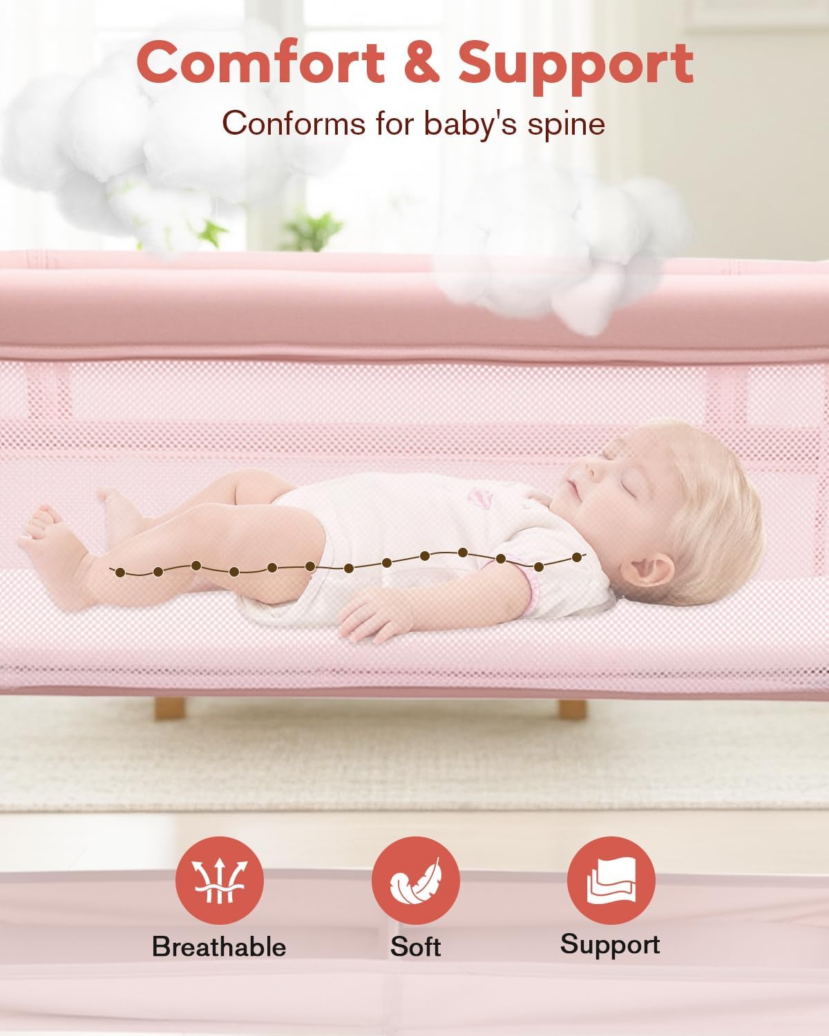 Baby Bassinet, Bedside Bassinet for Baby, Bassinet Bedside Sleeper with Mattress, Storage Basket and 4 Auto-Lock Wheels, Full-Mesh Sides, Bedside Mini Crib for Newborn (Beige)