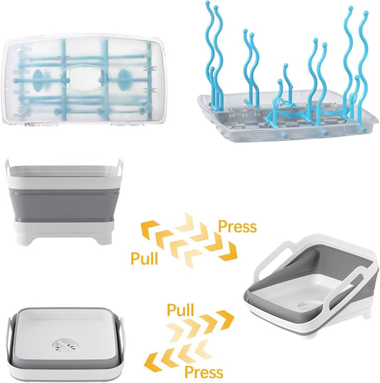 Collapsible Wash Basin with Drying Rack for Baby Bottle,2.4 Gallon Dish Basin with Portable Baby Bottle Drying Rack for Kitchen & Travel & Camping