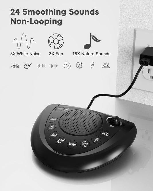 White Noise Machine, Portable Sleep Sound Machine with 24 Soothing Sounds, Timer & Memory Function, Headphone Jack, USB Charging, Powered by AC or Battery for Baby, Kids, Adults, Travel