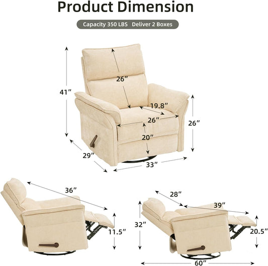 Oversized Glider Rocker Recliner, 26" Extra Wide 360° Swivel Nursery Recliner with Adjustable Headrest, Chenille Rocking Nursery Chair with Overstuffed Armrest, Lumbar Support, Light Grey