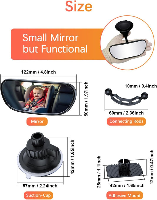 Baby Car Mirror on the Front Windshield, 360° Adjustable Wide Angle Convex Rearview for Rear Facing Infant Suction Cup & Adhesive Mount Safety Mirror for Car SUV Trucks