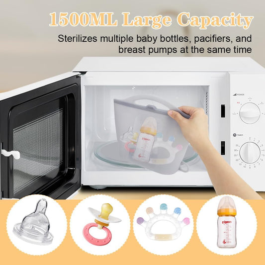 Silicone Microwave Steam Sterilizer Bag 1500ML Reusable Steaming Bags for Baby Bottles, Breast Pump,Pacifiers and Teethers,Breast Feeding Baby Travel Accessories