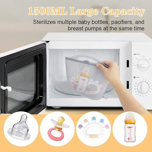 Silicone Microwave Steam Sterilizer Bag 1500ML Reusable Steaming Bags for Baby Bottles, Breast Pump,Pacifiers and Teethers,Breast Feeding Baby Travel Accessories