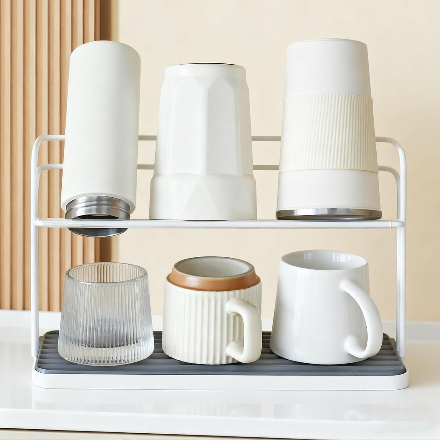 Bottle Drying Rack,Coffee Mug Holder with Drain Tray for Coffee Cup,Water Cup(White)