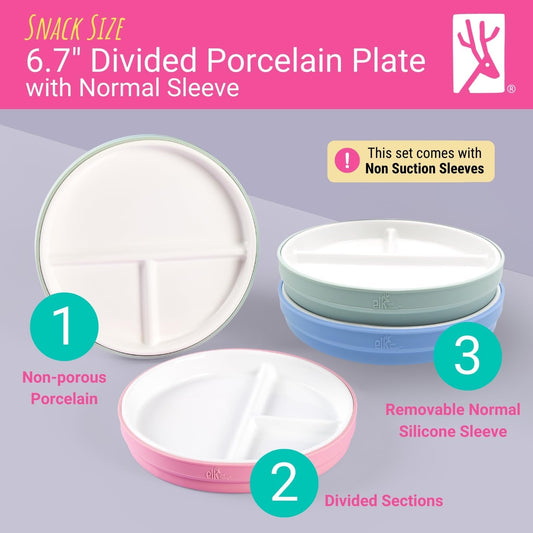 Elk and Friends Kids 7.8” Porcelain Divided Plates with Silicone Sleeves | Suitable for Babies/Kids/Toddlers | Microwave & Dishwasher Safe | Non Slip | Snack Dishes