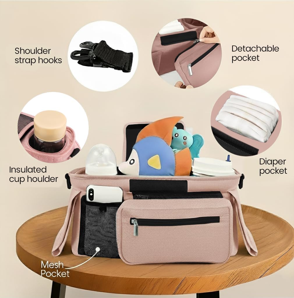 Stroller Organizer with Insulated Cup Holders - Universal Blue Baby Stroller Bag Caddy with Detachable Phone Pocket, Diaper Storage, Adjustable Straps for Uppababy, Doona, Baby Jogger, Britax
