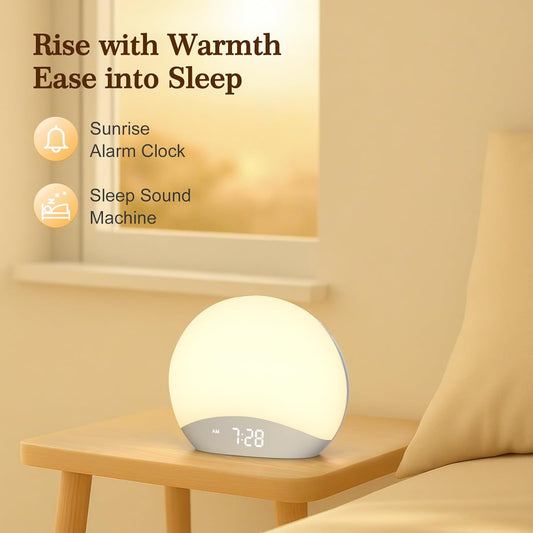 REACHER Wood Grain Sunrise Alarm Clock and Sound Machine Nightlight, Digital Dimmable Clock for Bedroom, 26 Sleep Sounds, White Noise Machine for Baby, Adults, Wake Up Light Alarm Clock for Kids